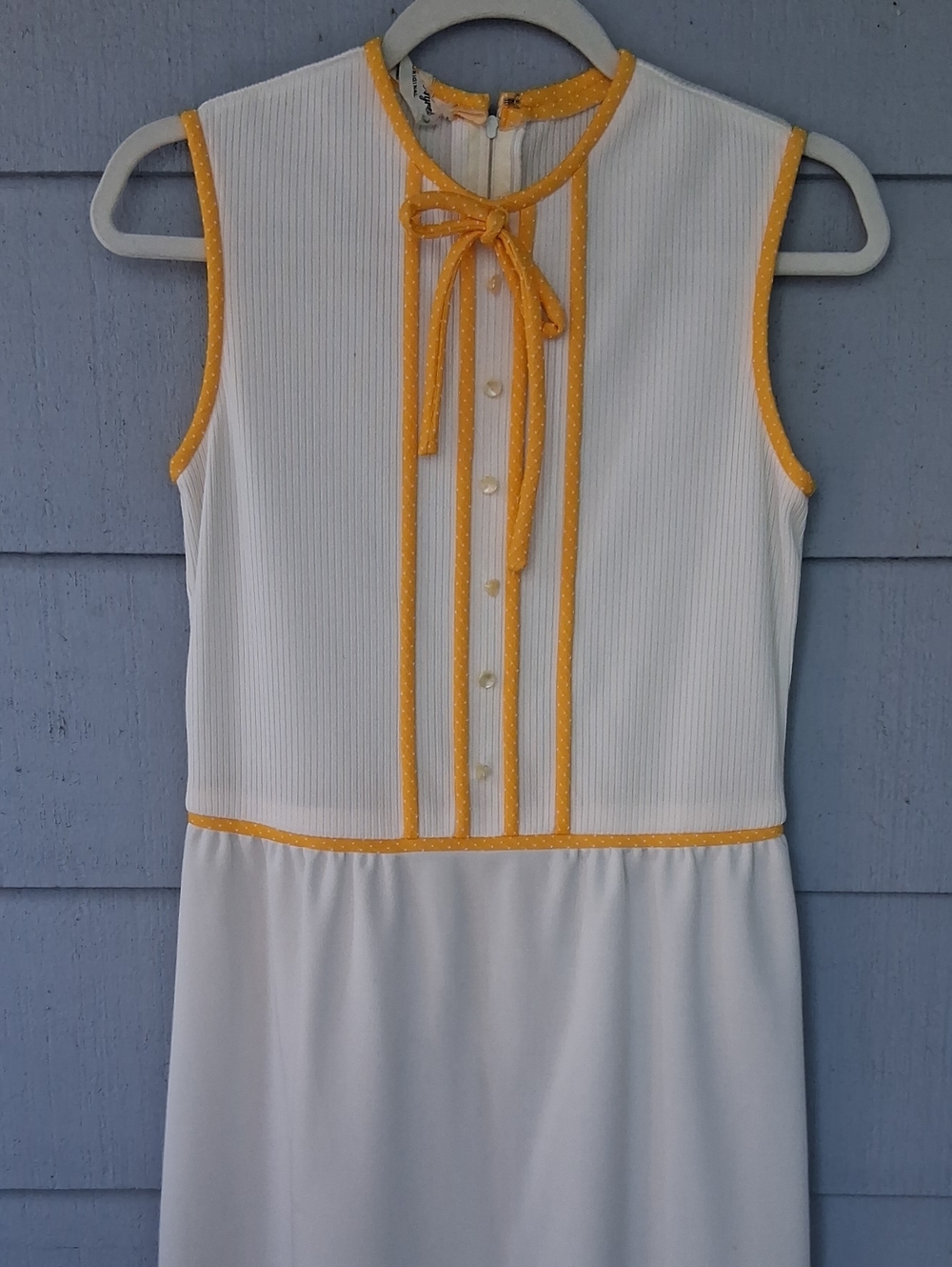 Sleeveless White Maxi Dress with Yellow Trim and Tie Neck 1960's